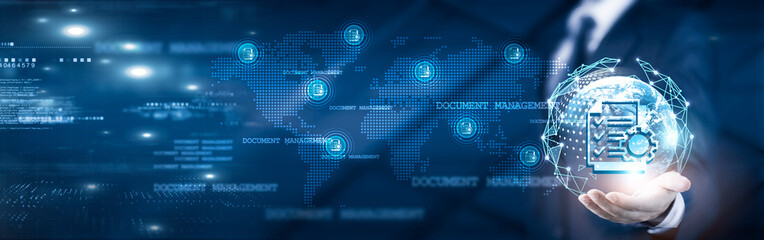 Businessman holding global network connection on document management and data analytics, enhancing strategy and decision-making, workflow optimization, technology and global connectivity.