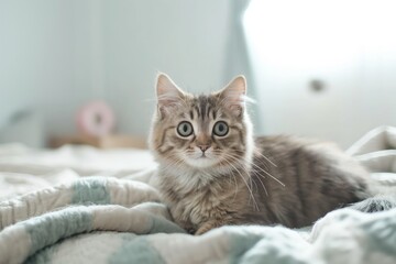 Grey tabby cat sits on a bed in a home interior, surrounded by furniture. The cat fluffy fur is visible as it relaxes on the striped plaid bedchamber.