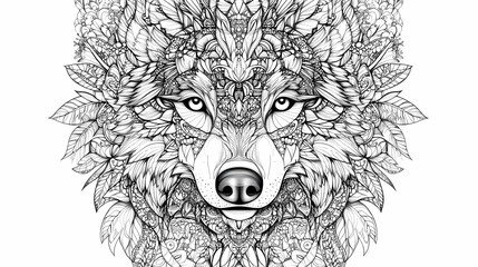 Fototapeta premium Black and white line art of a detailed wolf mandala suitable for coloring books. Mandala. Illustration