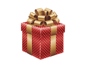 Beautifully wrapped red gift box with gold ribbon and bow