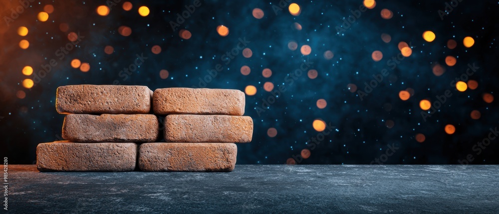 Poster rusty bricks on dark background with bokeh lights
