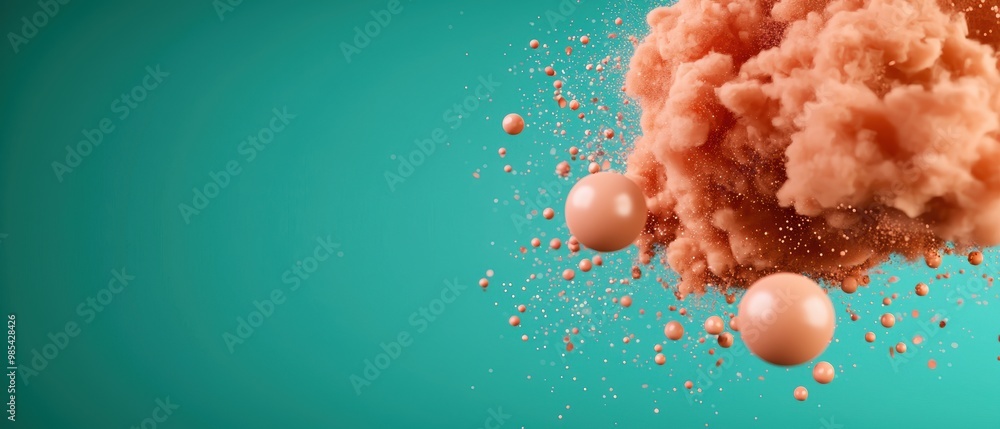 Poster abstract dust cloud with floating spheres on turquoise background