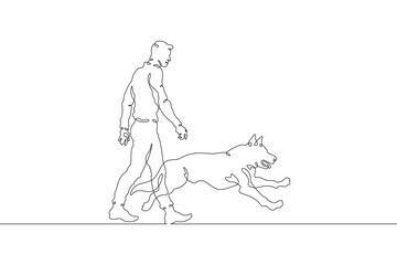 Continuous one line drawing man walking with dog. Young man walking with pet. Domestic animals. Running dog. One continuous line isolated minimal illustration.