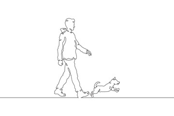 Continuous one line drawing man walking with dog. Young man walking with pet. Domestic animals. Running dog. One continuous line isolated minimal illustration.