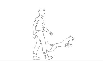 Fototapeta premium Continuous one line drawing man walking with dog. Young man walking with pet. Domestic animals. Running dog. One continuous line isolated minimal illustration.