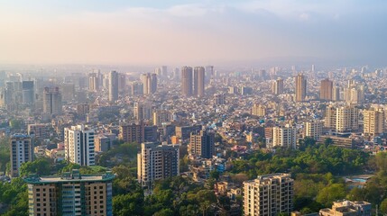 Aerial view of Pune city in Maharashtra, India. Skyscrapers and modern architecture dominate the skyline. Hazy smog fills the atmosphere. Trees and greenery amidst the urban landscape.