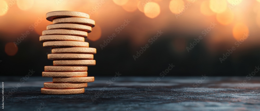 Poster stacked wooden coins on dark surface with bokeh background