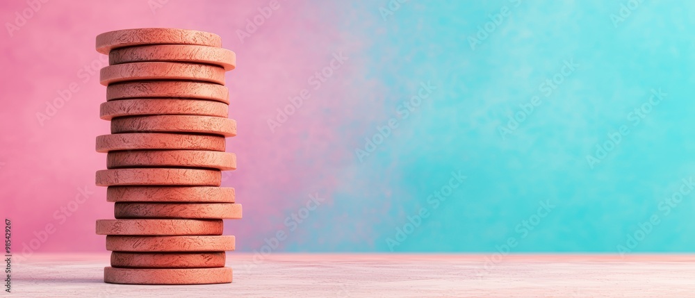 Poster Stacked Circles on Wooden Table with Colorful Background