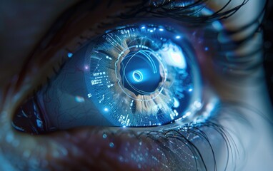 A close-up of a blue eye with futuristic technology glowing in the iris.