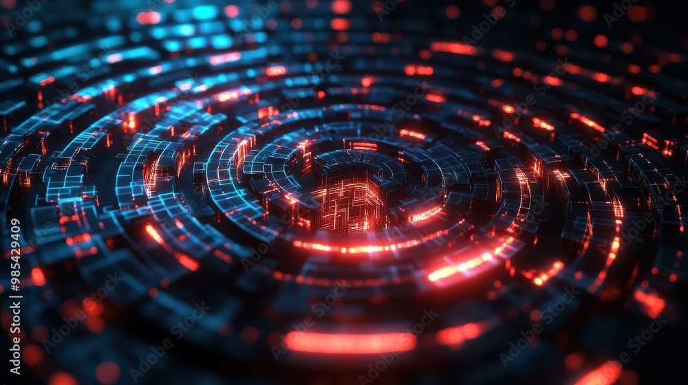 Poster abstract digital pattern with glowing circles in blue and red tones, creating a futuristic and techn