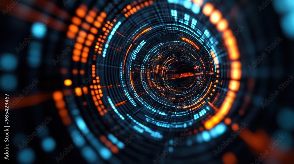 Poster Abstract futuristic background with glowing blue and orange lines, creating a dynamic and vibrant digital tunnel effect.