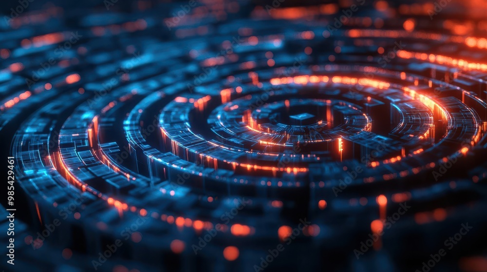 Aufkleber abstract digital spiral pattern with glowing blue and orange lines, creating a futuristic and mesmer