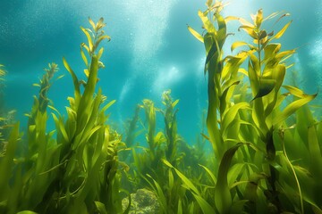Close-up of ocean algae in California waters. Bright green, wild marine plant grows deep underwater. Divers explore exotic aquatic scene. Colorful sea flora sways in ocean currents.
