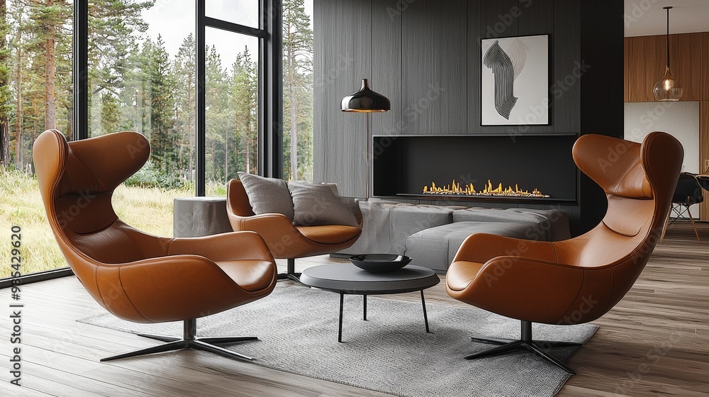 Canvas Prints Modern Living Room with Fireplace  Leather Chairs and Forest View