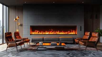 Modern Living Room with Fireplace  Leather Chairs  and City View