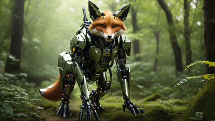 fox wearing a green robotic suit in a forest.