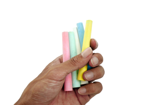 Teacher's hand holding colorful chalk isolated on white background