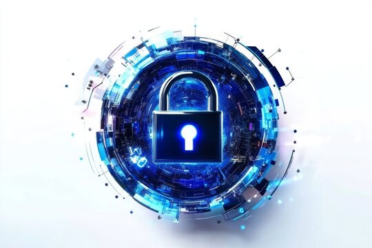 Emphasis on technology with a blue lock icon on a white background.