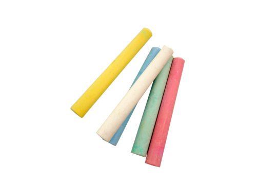A bunch of colorful, yellow, white, blue, green and pink chalk sticks isolated on a white background
