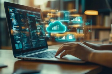 The laptop screen showcases various file pages and cloud icons.