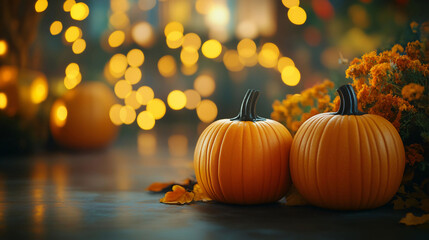 Halloween Pumpkins with Soft Lighting and Blurred Focus on a Dark Background, Creating an Eerie and Mysterious Atmosphere with Depth of Field Effect in Orange Tones