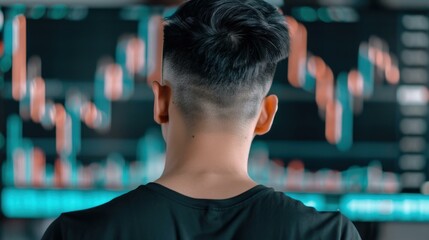 Ambitious businessman studies growth trends through advanced forex chart in a modern office setting.