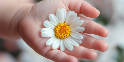 Close up of a baby's hand holding a daisy, generative AI