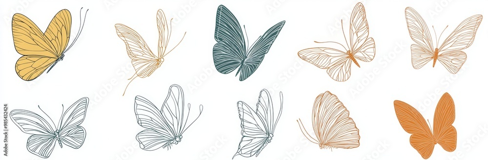 Sticker a continuous one-line drawing of a butterfly flying over a collection of abstract pastel colors. mod