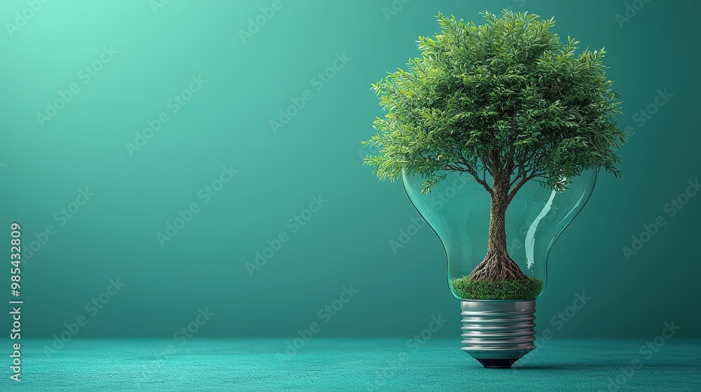 Wall mural green tree growing inside light bulb on teal background