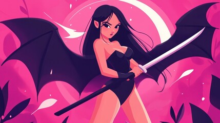 A fierce demoness with torn batlike wings wields a curved sword, charging into battle in a stunning illustration.