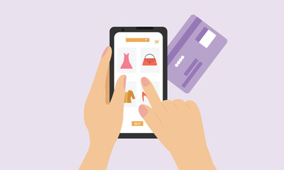 Online shopping on mobile phone concept, Human hand holding mobile phone. Digitally pay by UPI and  bank cards.Buy Clothing, shoes and other accessory through smart phone. flat vector illustration.