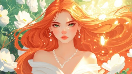A lovely girl in a white dress admires colorful bobochek in a dreamy garden filled with white blooms and magic.
