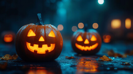 Festive and playful Halloween scene with small carved pumpkins on the left side against a dark background, enhanced by orange bokeh light orbs in the foreground. 