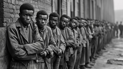 Naklejka premium A long line of laborers waiting outside a factory, their faces reflecting hopelessness and anxiety