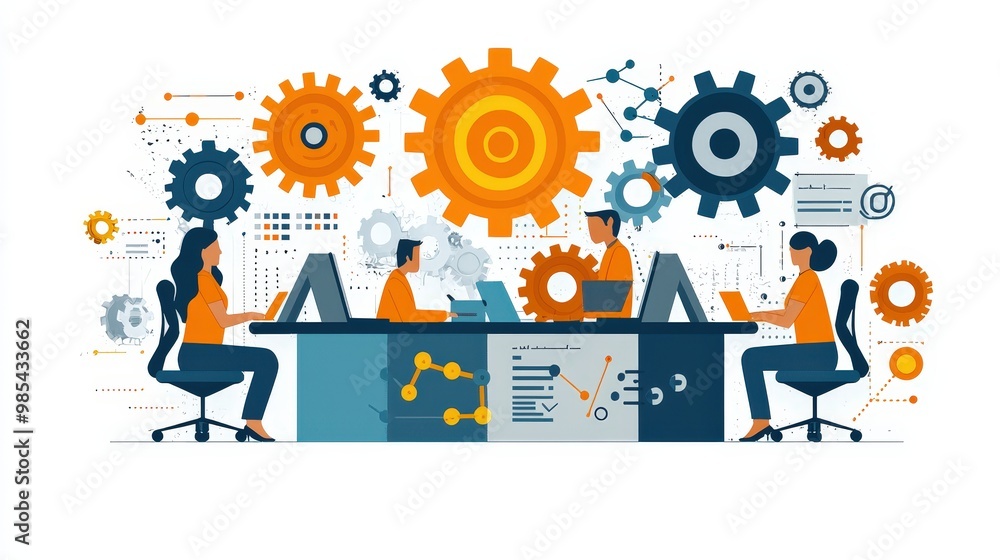 Poster team working together on a project with gears and diagrams