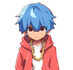 Fototapeta premium A charming chibi art of a boy, featuring bright blue hair, warm brown eyes, and a stylish red hoodie with a gold chain.