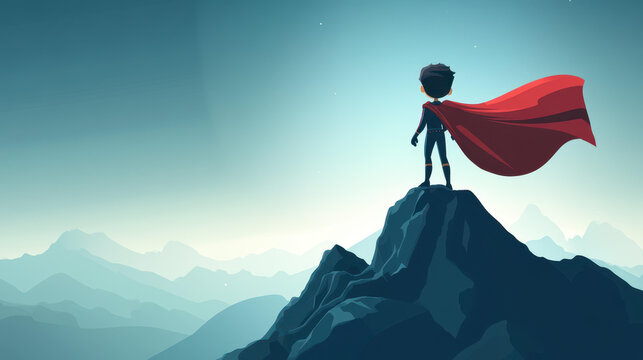 A bold child in a cape stands triumphantly on a peak, embodying the spirit of adventure and heroism.