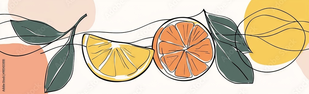 Wall mural One continuous line of oranges with a slice in the middle. Hand drawn colored orange illustration.