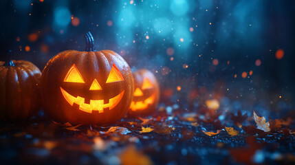 Festive and playful Halloween scene with small carved pumpkins on the left side against a dark background, enhanced by orange bokeh light orbs in the foreground. 