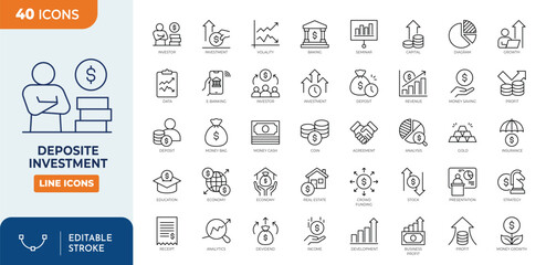 Deposite investment Icon set. Outline Icon Collection. Vector illustration. Editable stroke