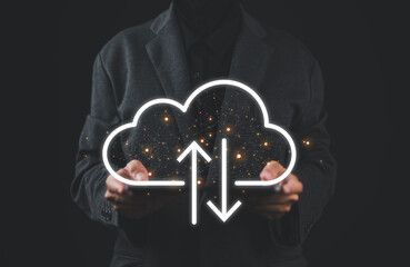 Businesswoman holding mobile phone which on the top of phone has upload and download cloud space computer.Technology and data information transfer concept.