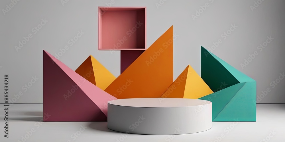 Poster a colorful display of geometric shapes, including triangles and squares
