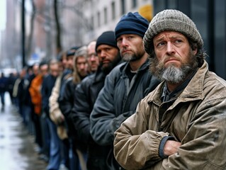 Fototapeta premium A long line of people waiting outside an unemployment office, their faces reflecting hopelessness and anxiety