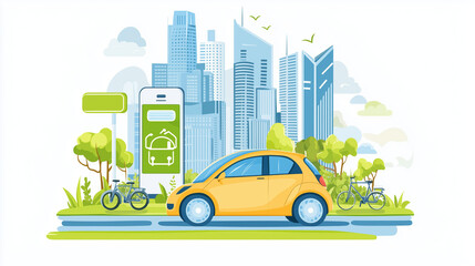 Electric transport, rental, sharing service on mobile phone. Eco sustainable vehicle on city street, car, bicycles. Green infrastructure concept. Flat vector illustration isolated on white background 