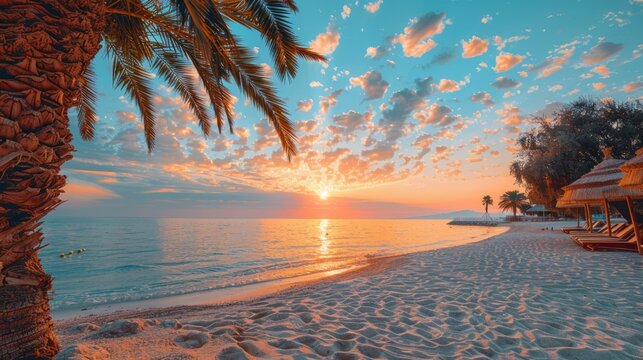 Sunset at the beach with palm trees, parasols and sunbeds. Family Holidays at Sea. 