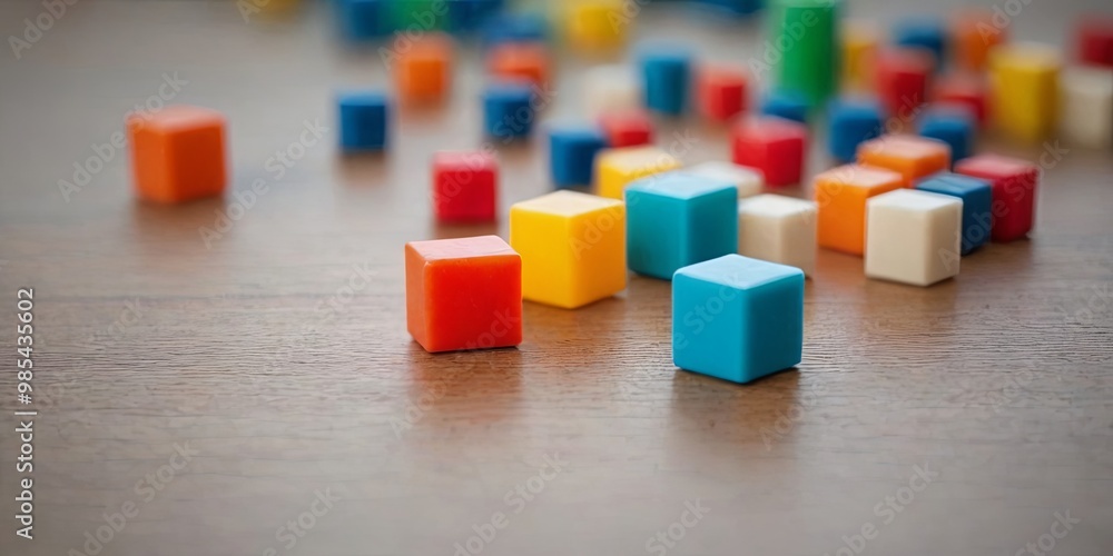 Poster a pile of colorful blocks on a wooden table