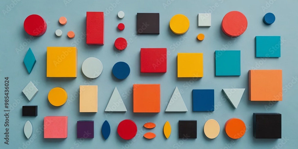 Poster A colorful array of shapes and squares are arranged on a blue background