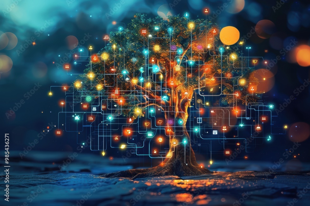 Poster a tree with many lights on it