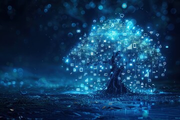 Fototapeta premium A tree with many icons on it, including a heart, a phone, and a key