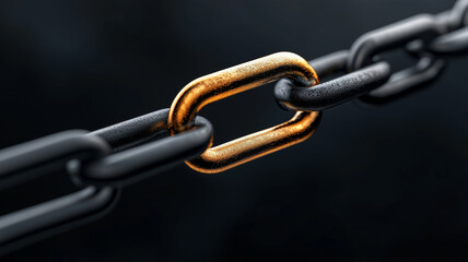 A golden link connecting two black chain segments, symbolizing strength, connection, leadership, or the power of a single crucial link within a system